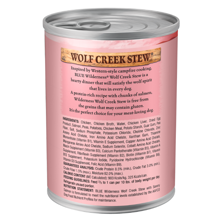 Blue Buffalo Wilderness Wolf Creek Stew High Protein, Natural Wet Dog Food, Savory Salmon Stew in gravy 12.5-oz, Case of 12