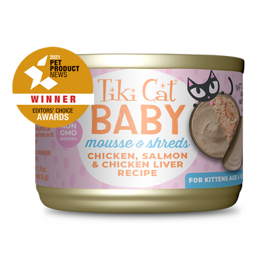 Tiki Cat Baby Kitten Mousse And Shreds with Chicken, Salmon And Chicken Liver Recipe, Wet Cat Food, 1.9-oz 3-Count