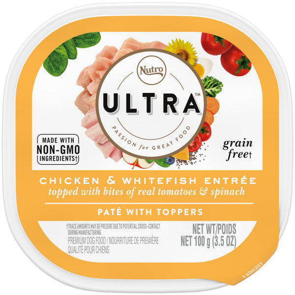 Nutro Ultra Adult Grain Free Soft Wet Dog Food, Chicken and Whitefish Entrée Paté with Toppers, 3.5-oz Case of 24