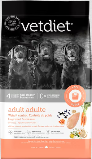 Vetdiet Large Breed Adult Weight Management Dry Dog Food, Chicken And Rice Recipe, 30-lb Bag