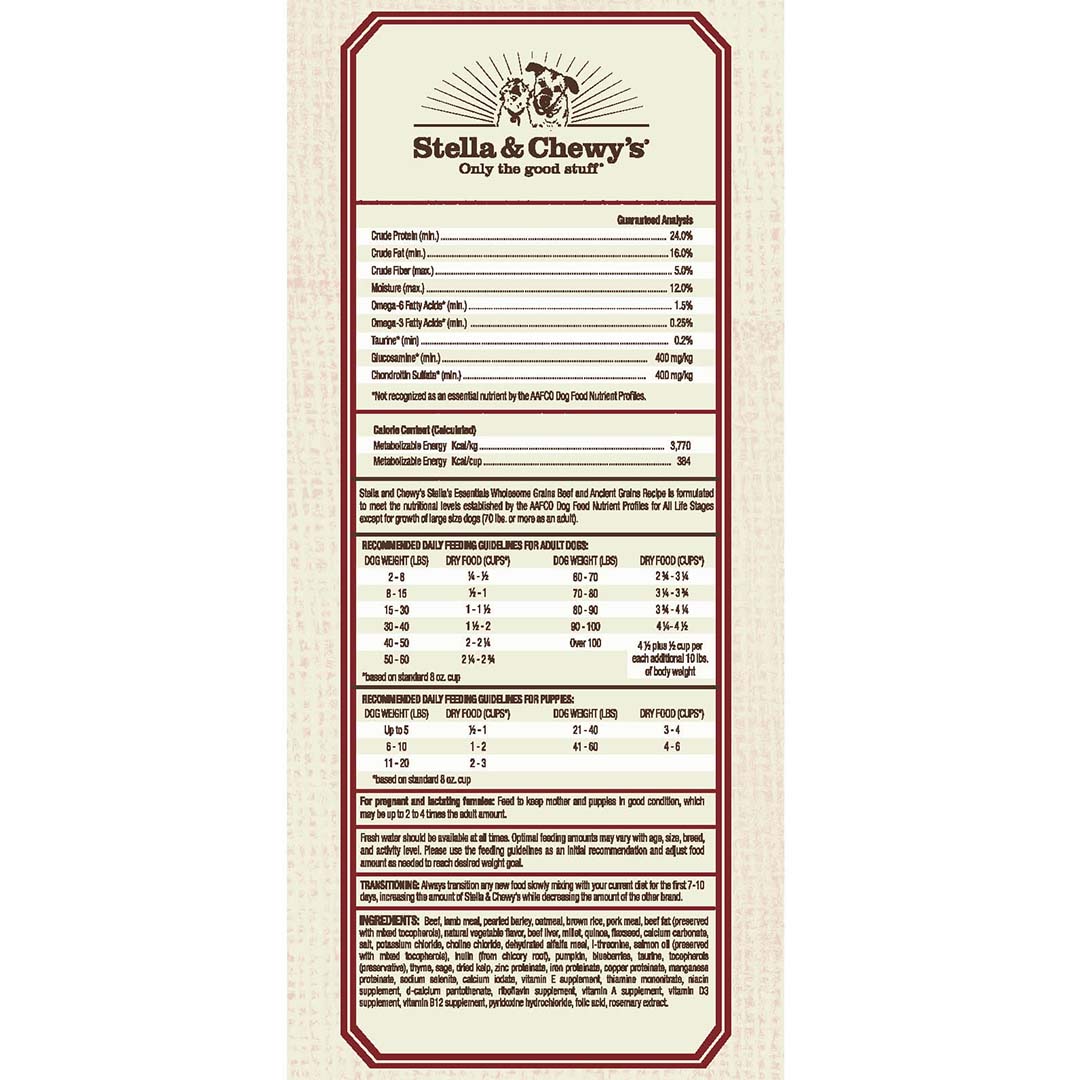 Stella's Essentials Kibble for Dogs - Grass-Fed Beef & Ancient Grains Recipe, Dry Dog Food