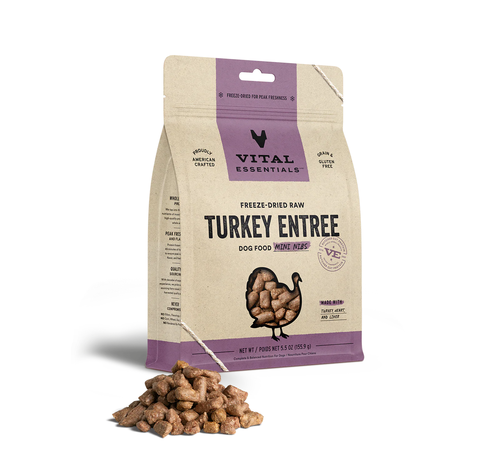 Vital Essentials Turkey Mini Nibs Freeze Dried Raw Dog Food 14 oz