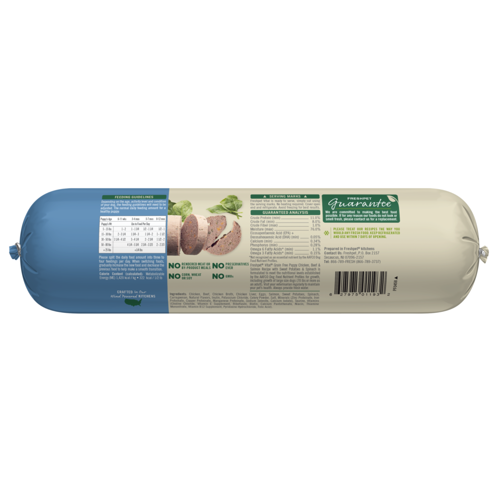 Freshpet Vital Grain Free Chicken, Beef & Salmon Puppy Recipe, Gently Cooked Dog Food, 2-lb Roll