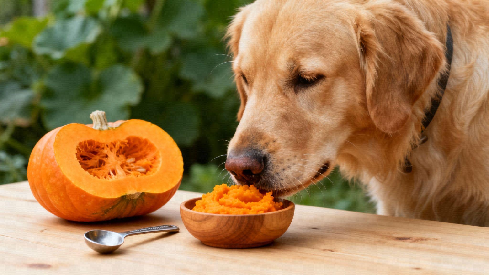 Golden retriever sitting beside fresh pumpkin and a bowl of plain pumpkin purée.