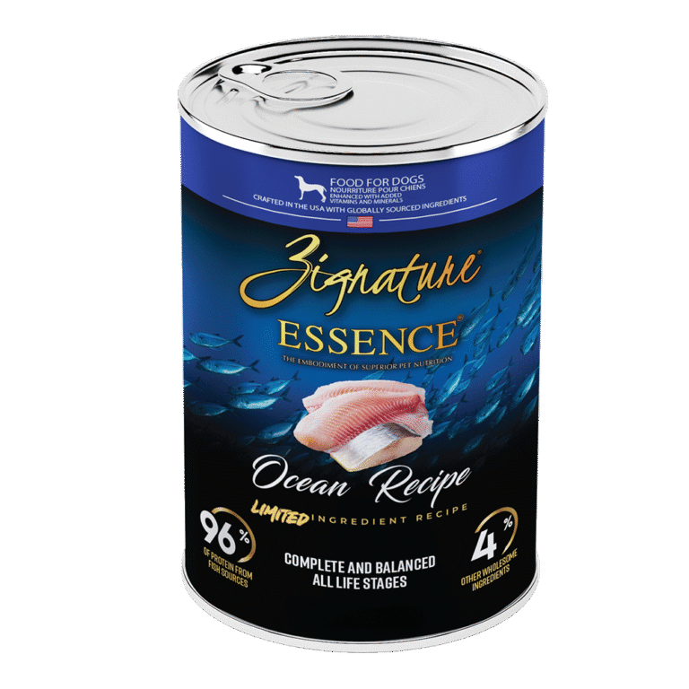 Grain-free Zignature wet dog food with premium ocean protein, 13-ounce cans