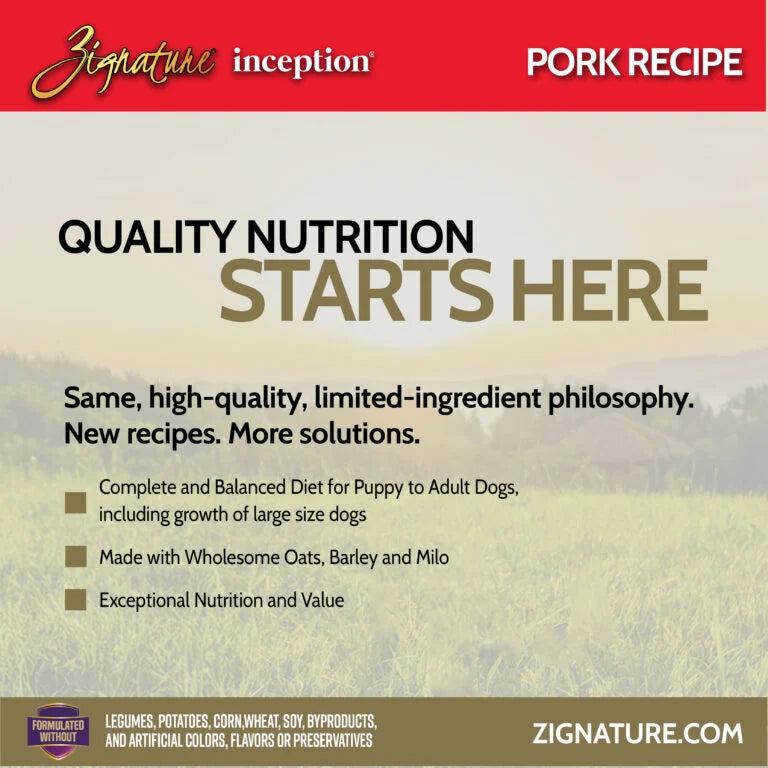 High-protein Zignature Inception Pork wet dog food, 13-oz cans, 12-count