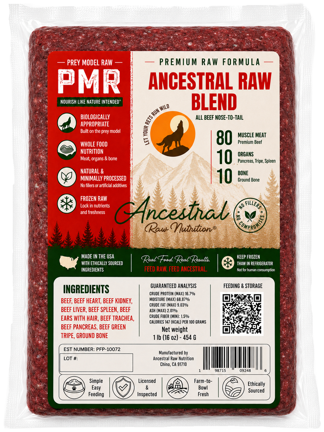 Ancestral Raw Nutrition Ancestral Raw Blend Recipe, Frozen Raw Dog Food, 1-lb Pouch