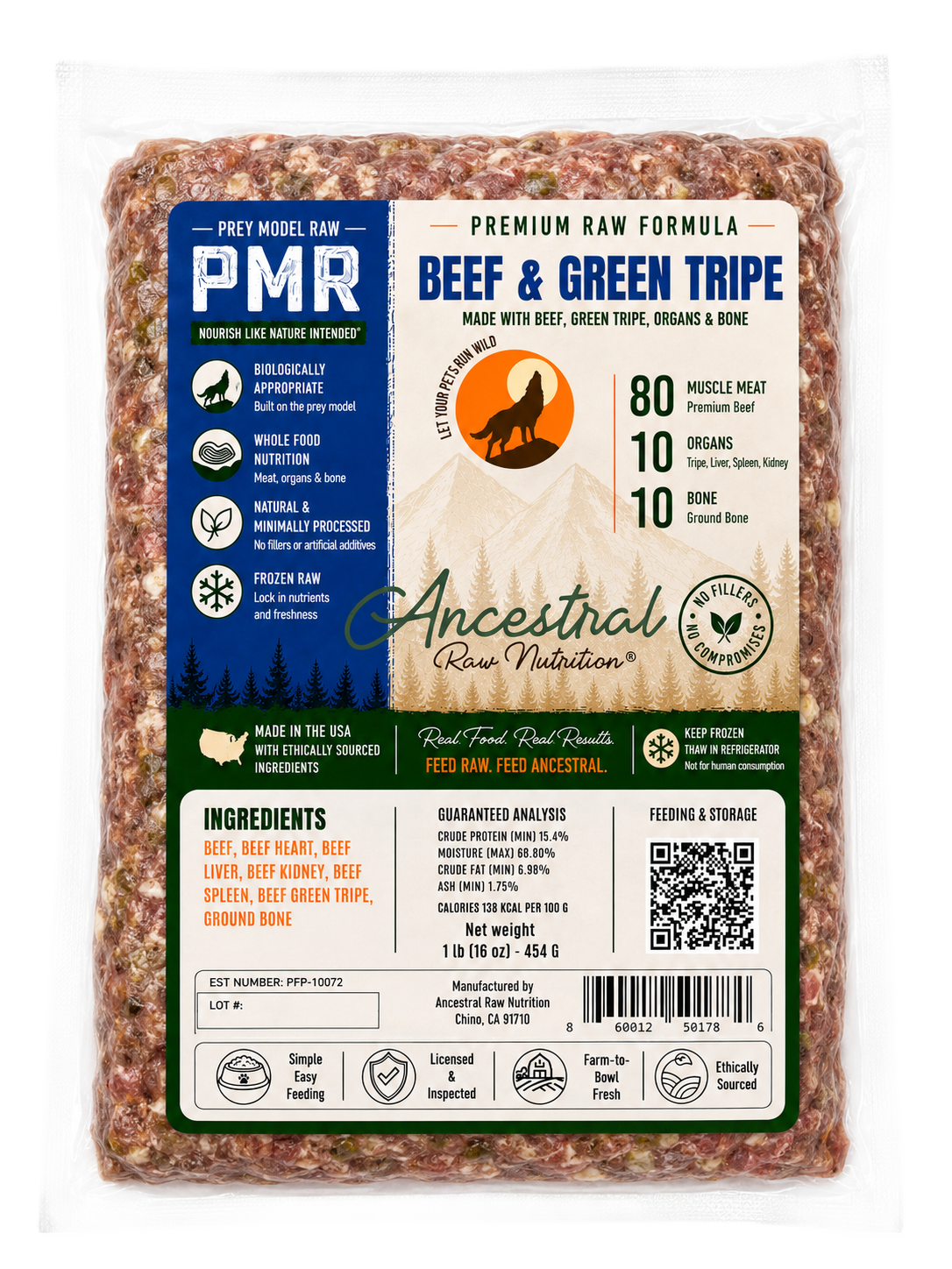 Ancestral Raw Nutrition Beef & Green Tripe Blend Recipe, Frozen Raw Dog Food, 1-lb Pouch