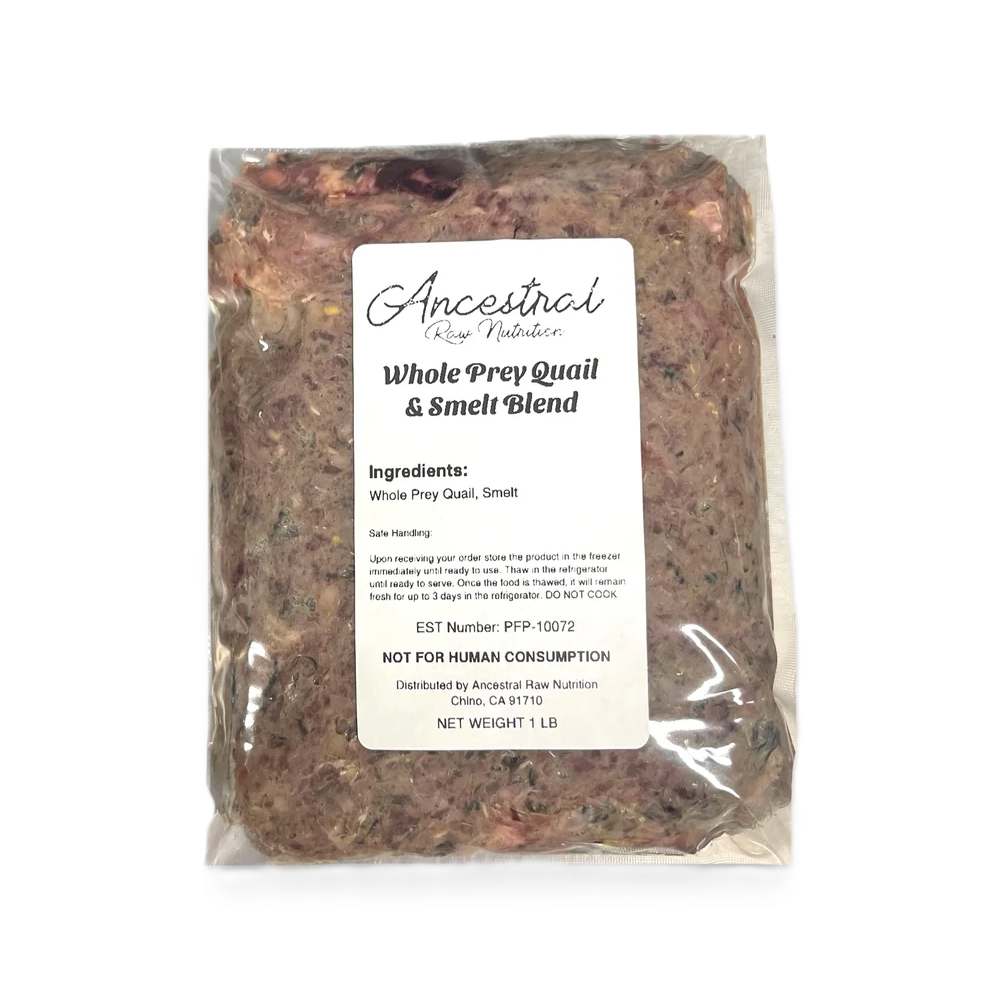 Ancestral Raw Nutrition Whole Prey Quail & Smelt Blend Recipe, Frozen Raw Dog Food, 1-lb Pouch