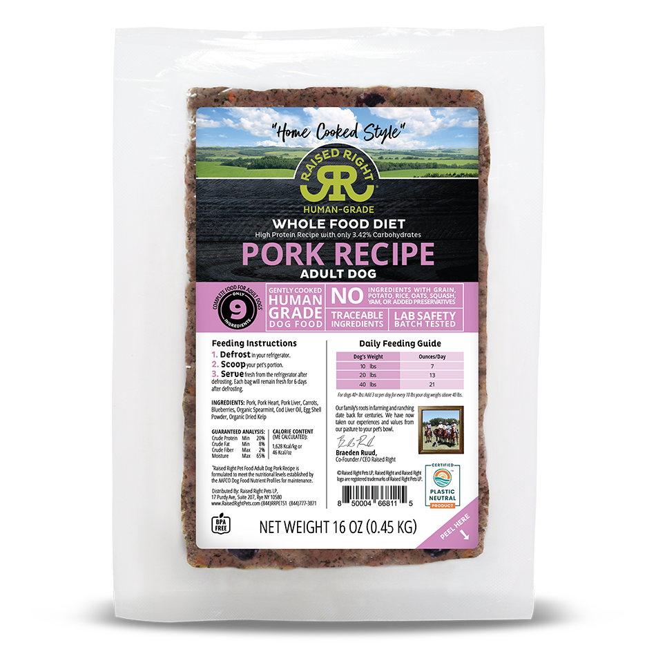 Raised Right Original Pork Recipe, Frozen Gently Cooked Dog Food, 1-lb Pouch