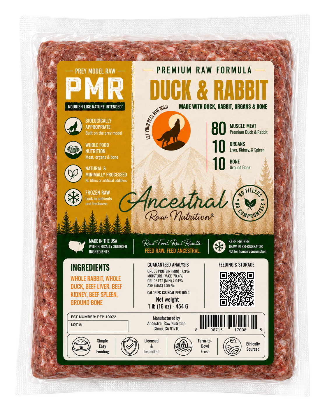 Ancestral Raw Nutrition Duck and Rabbit Blend Recipe, Frozen Raw Dog Food, 1-lb Pouch