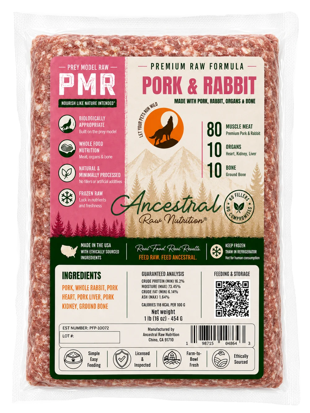 Ancestral Raw Nutrition Pork & Rabbit Blend Recipe, Frozen Raw Dog Food, 1-lb Pouch