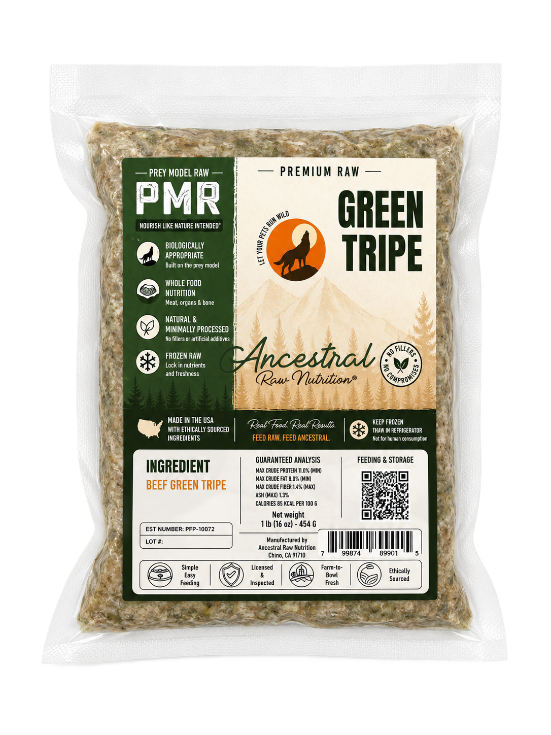 Ancestral Raw Nutrition Raw Beef Green Tripe Recipe, Frozen Raw Dog Food, 1-lb Pouch