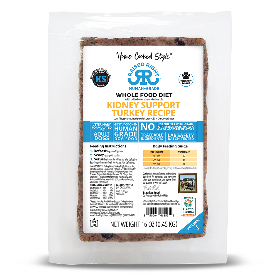 Raised Right Kidney Support Turkey Recipe, Frozen Gently Cooked Dog Food, 1-lb Pouch