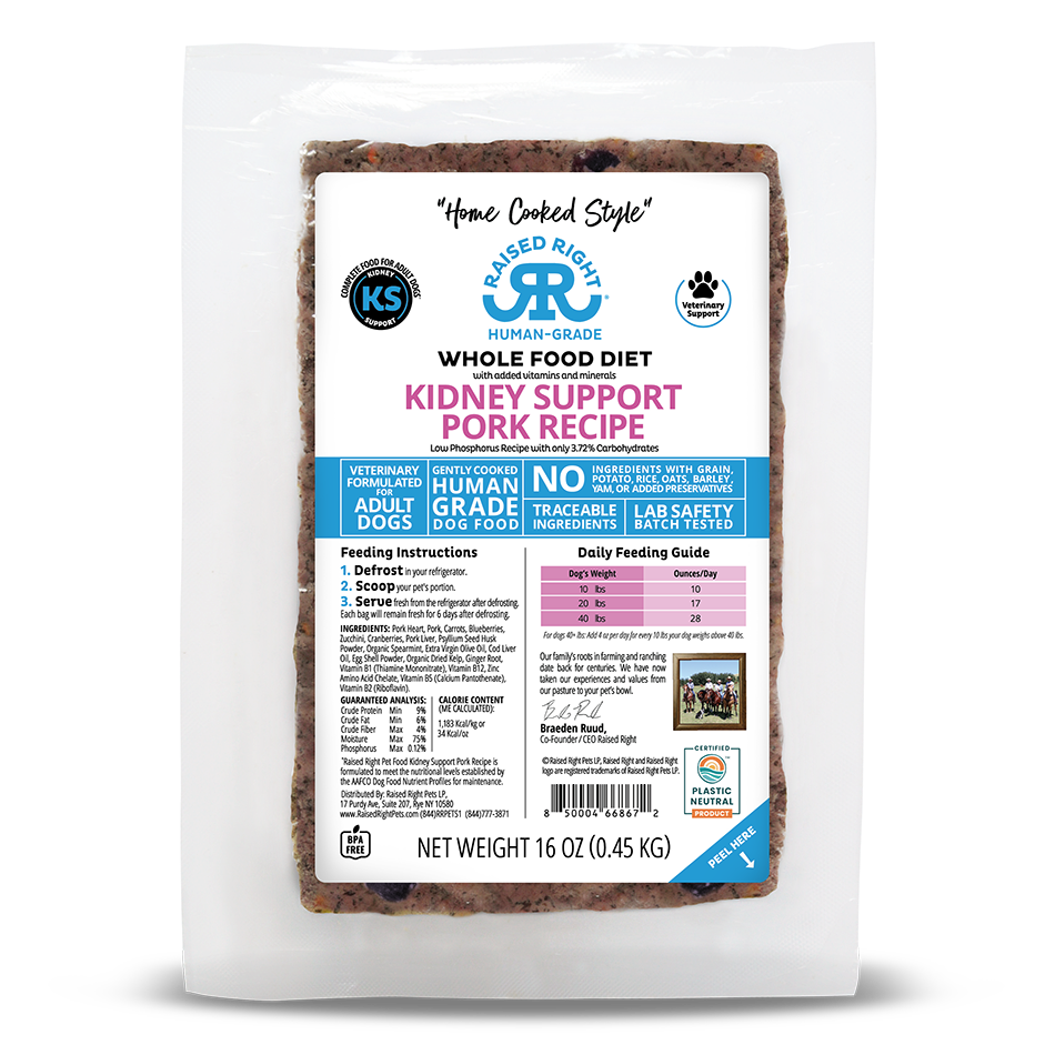 Raised Right Kidney Support Pork Recipe, Frozen Gently Cooked Dog Food, 1-lb Pouch