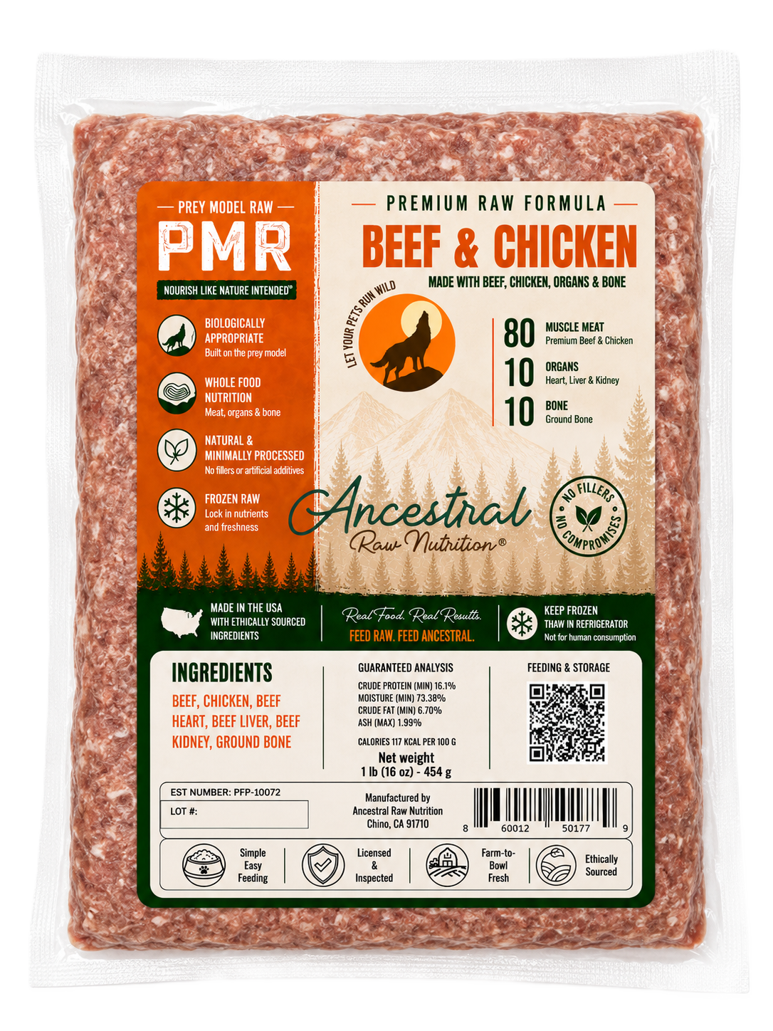 Ancestral Raw Nutrition Beef & Chicken Blend Recipe, Frozen Raw Dog Food, 1-lb Pouch