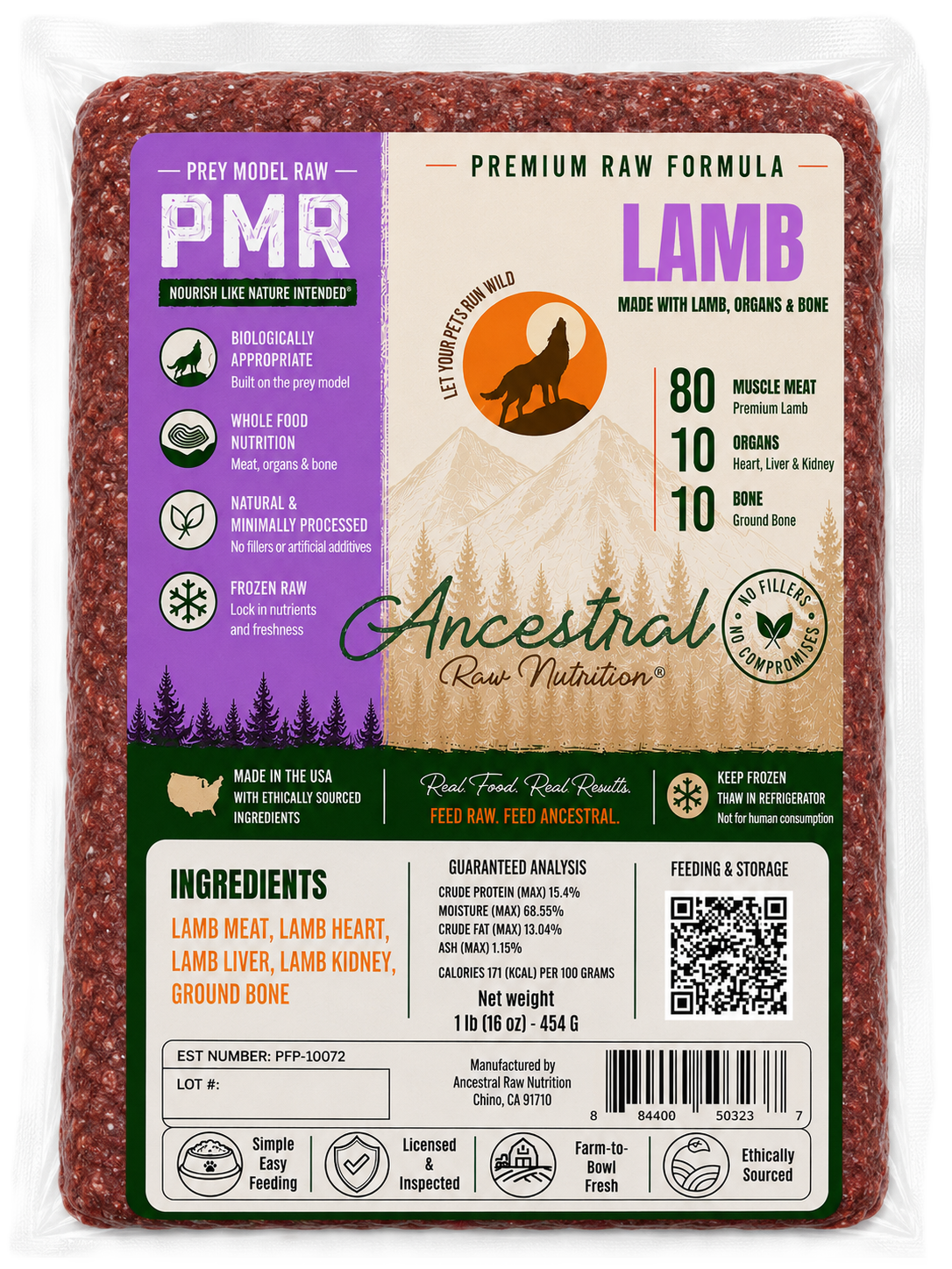 Ancestral Raw Nutrition Lamb Blend Recipe, Frozen Raw Dog Food, 1-lb Pouch