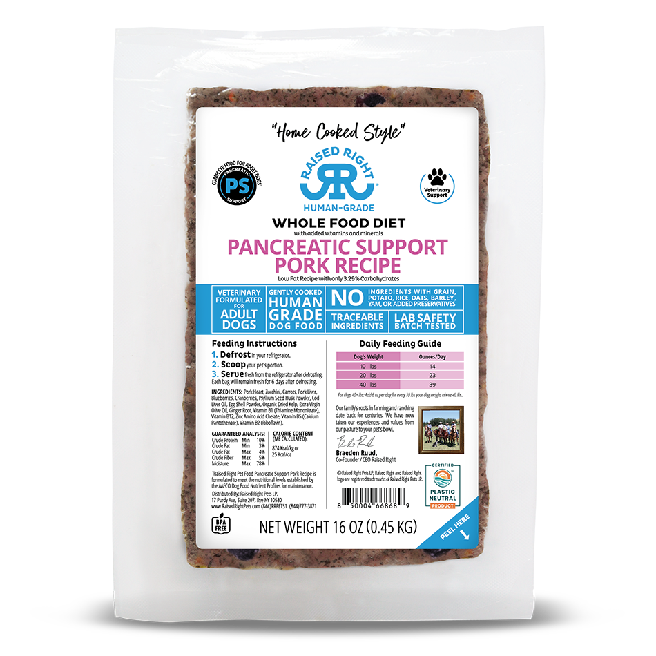 Raised Right Pancreatic Support Pork Recipe, Frozen Gently Cooked Dog Food, 1-lb Pouch