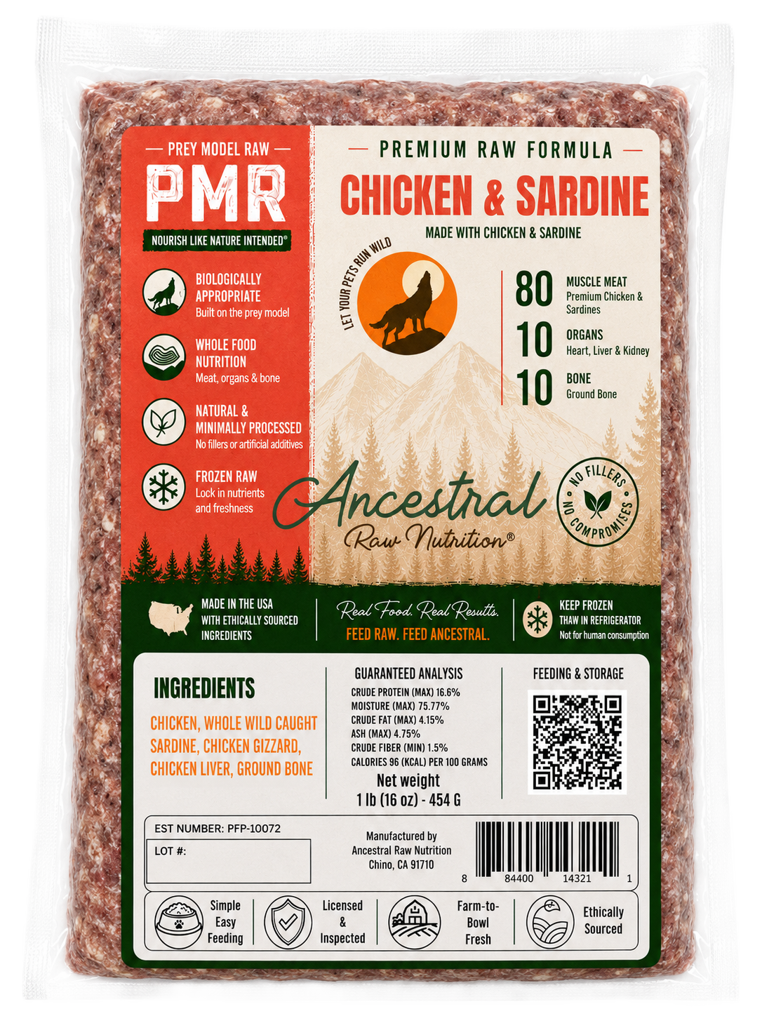 Ancestral Raw Nutrition Chicken & Sardine Blend Recipe, Frozen Raw Dog Food, 1-lb Pouch