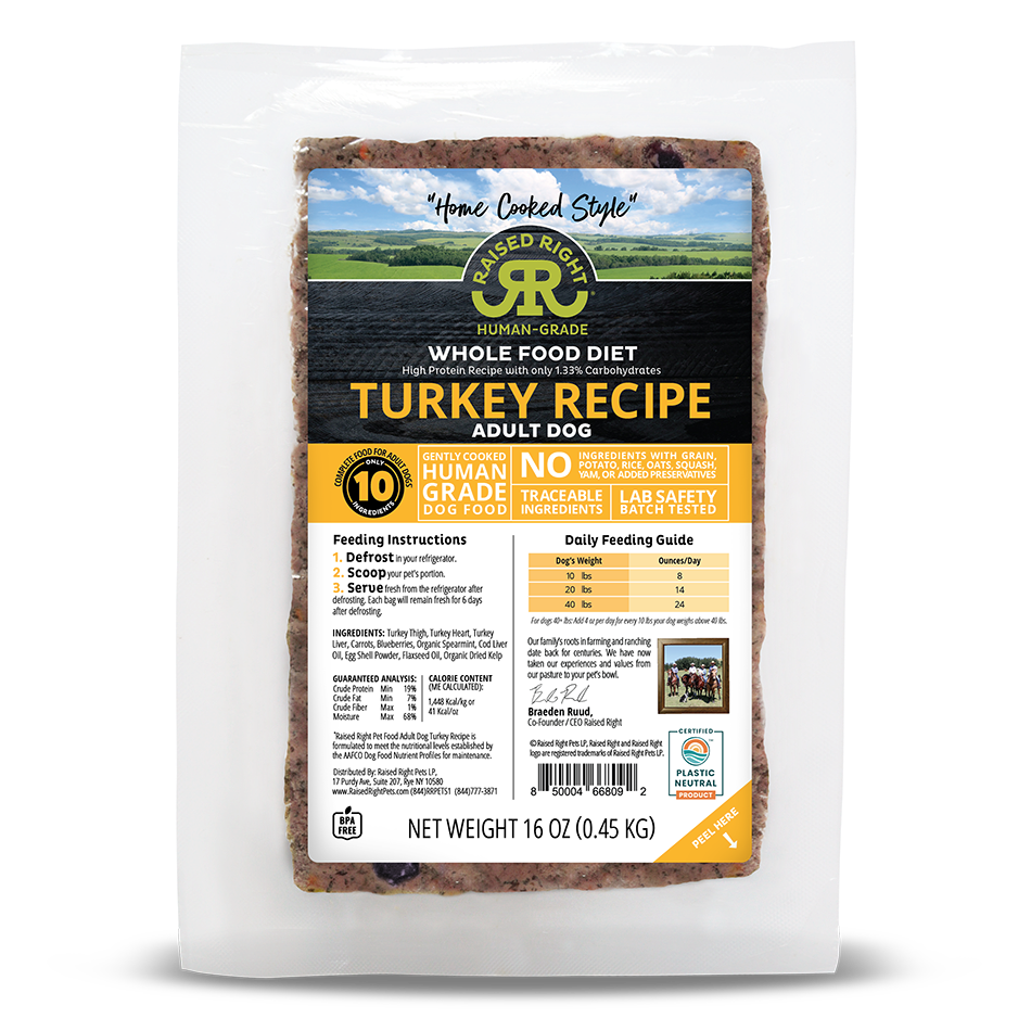 Raised Right Original Turkey Recipe, Frozen Gently Cooked Dog Food, 1-lb Pouch