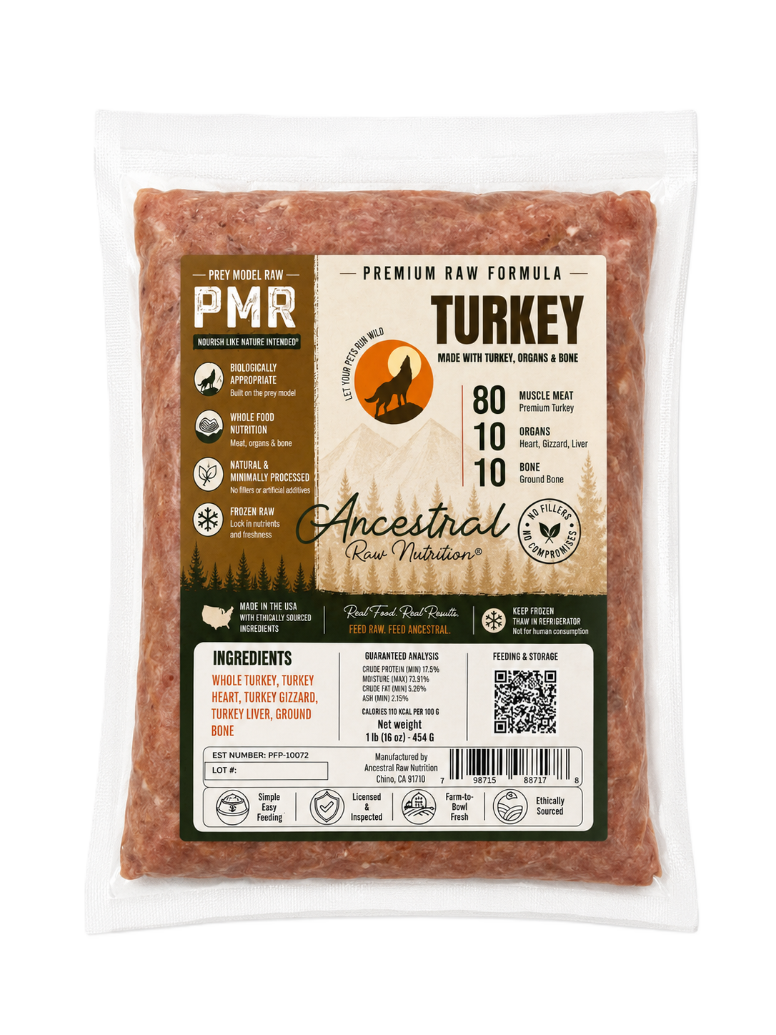 Ancestral Raw Nutrition Turkey Blend Recipe, Frozen Raw Dog Food, 1-lb Pouch