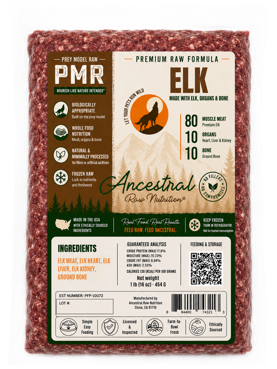 Ancestral Raw Nutrition Elk Blend Recipe, Frozen Raw Dog Food, 1-lb Pouch