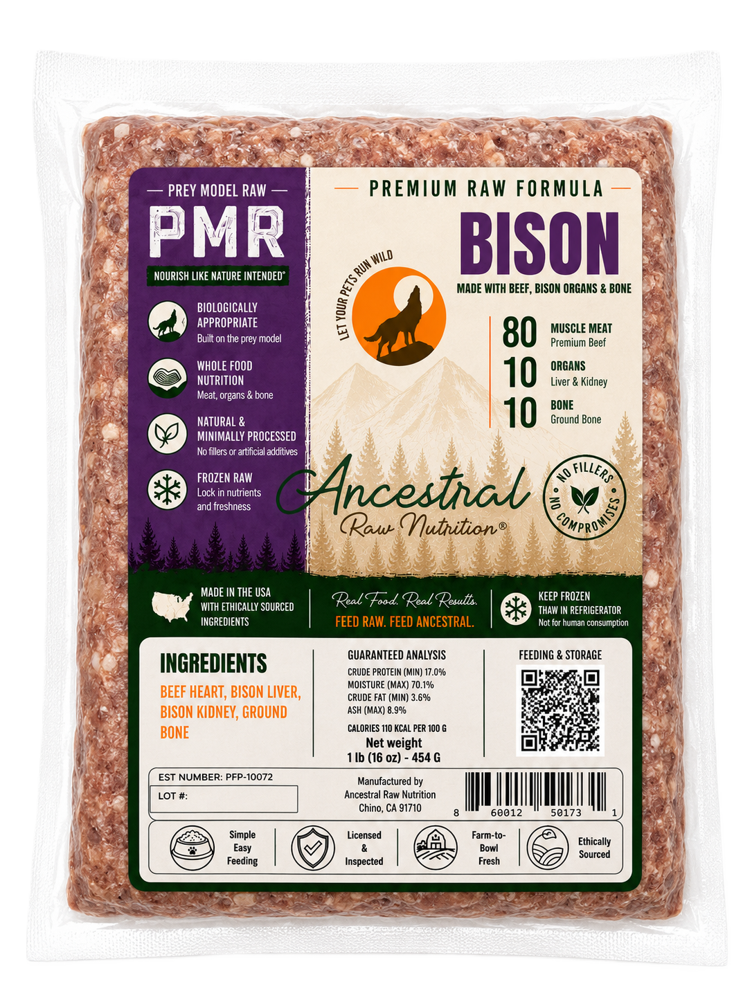 Ancestral Raw Nutrition Bison Blend Recipe, Frozen Raw Dog Food, 1-lb Pouch