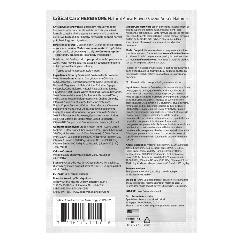 Oxbow Natural Science Critical Care Herbivore Anise, Small Animal Supplement, 1.27-oz Pouch