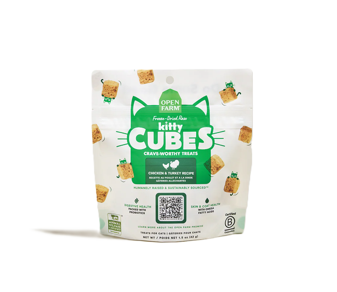 Open Farm Chicken & Turkey Kitty Cube Treats, Freeze-Dried Raw Cat Treats, 1.5-oz Pouch