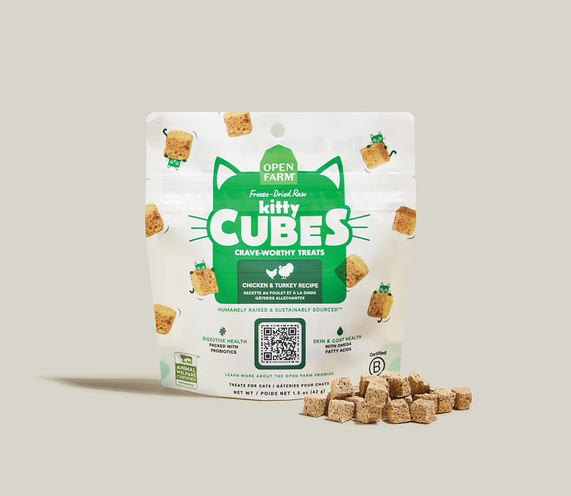 Open Farm Chicken & Turkey Kitty Cube Treats, Freeze-Dried Raw Cat Treats, 1.5-oz Pouch