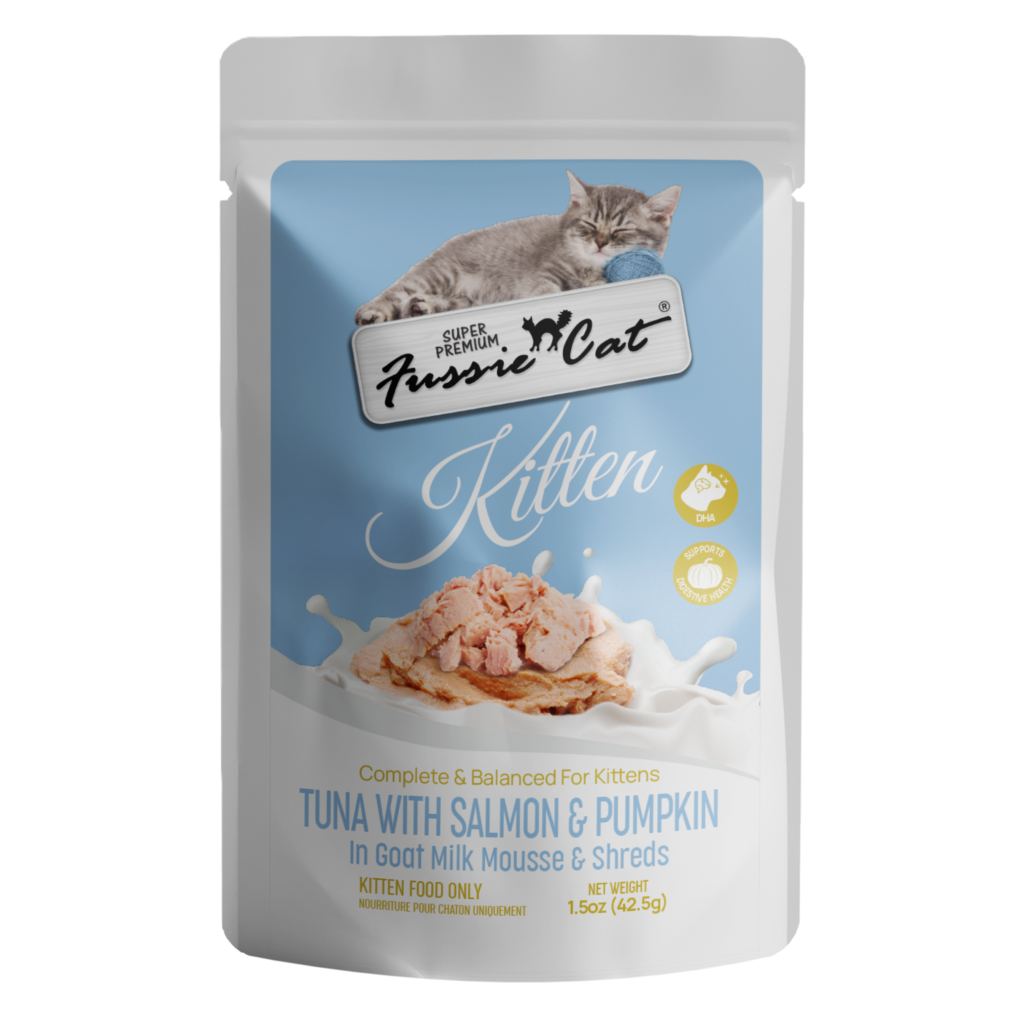 Fussie Cat Tuna with Salmon & Pumpkin in Goat Milk Mousse and Shreds Kitten 1.5-oz Pouch, Wet Cat Food, Case of 12