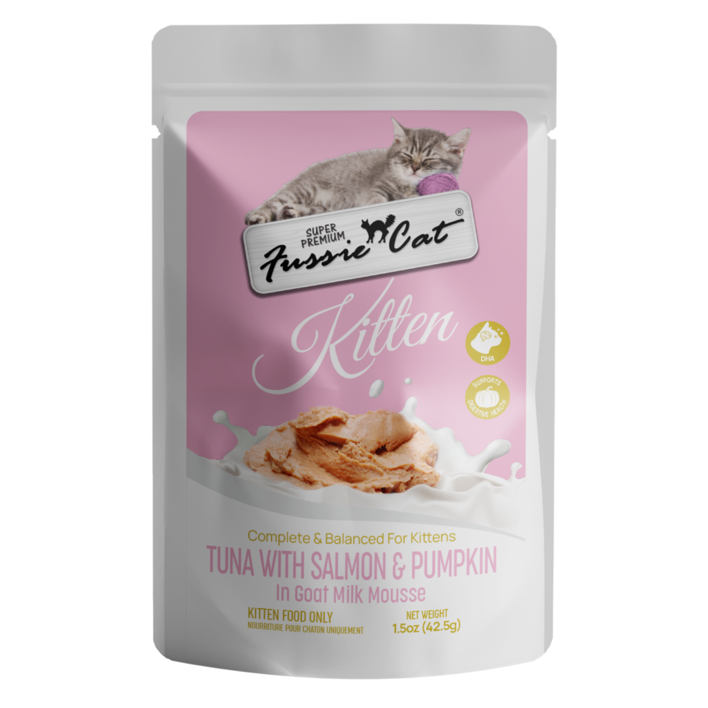 Fussie Cat Tuna with Salmon & Pumpkin in Goat Milk Mousse Kitten 1.5-oz Pouch, Wet Cat Food, Case of 12