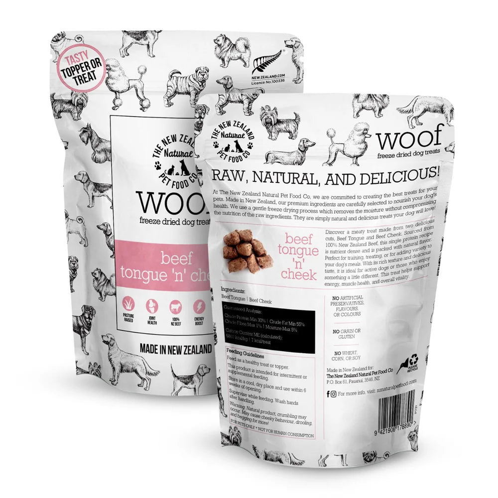 The New Zealand Natural Pet Food Co Woof Beef Tongue 'N' Cheek, Freeze-Dried Dog Treats, 1.76-oz Bag