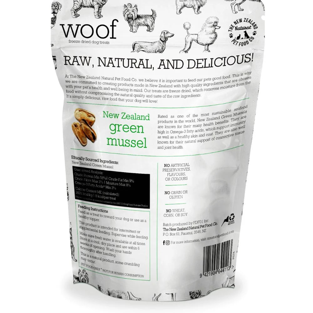 The New Zealand Natural Pet Food Co Woof New Zealand Green Mussel, Freeze-Dried Dog Treats, 1.76-oz Bag