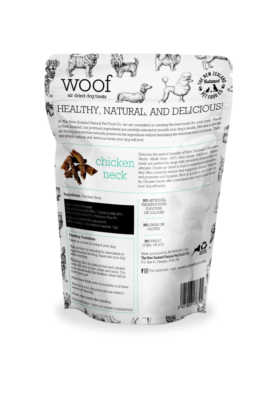 The New Zealand Natural Pet Food Co Woof Chicken Neck, Air-Dried Dog Treats, 1.76-oz Bag