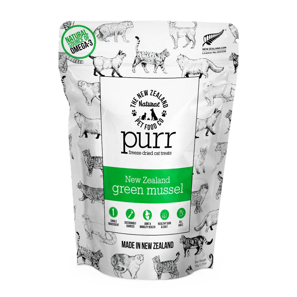 The New Zealand Natural Pet Food Co Purr New Zealand Green Mussel, Freeze-Dried Cat Treats, 1.76-oz Bag