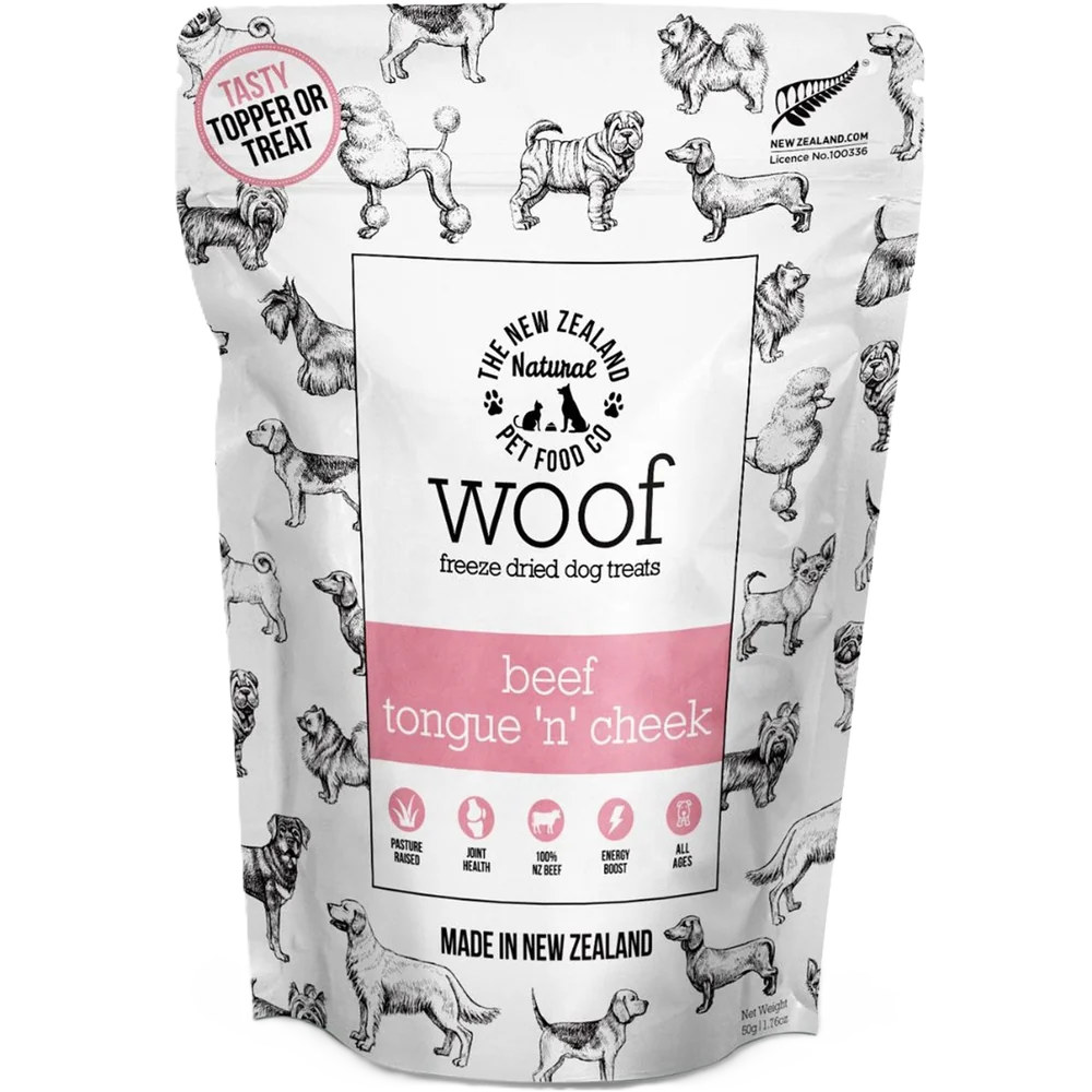 The New Zealand Natural Pet Food Co Woof Beef Tongue 'N' Cheek, Freeze-Dried Dog Treats, 1.76-oz Bag