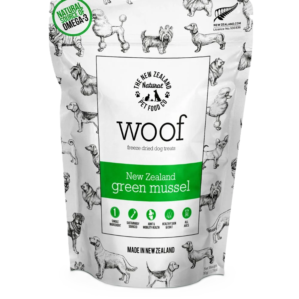 The New Zealand Natural Pet Food Co Woof New Zealand Green Mussel, Freeze-Dried Dog Treats, 1.76-oz Bag