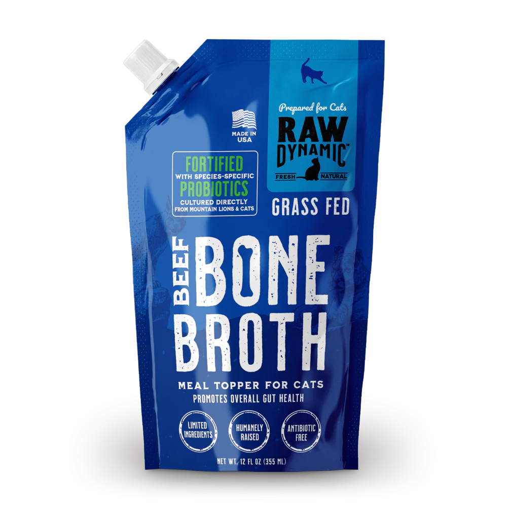 Raw Dynamic Grass Fed Beef Bone Broth For Cats, Meal Topper, 12-oz Pouch
