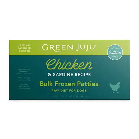 Green JuJu Extras Chicken & Sardine Patties & Sliders, Frozen Raw Dog Food, 18-lb Box