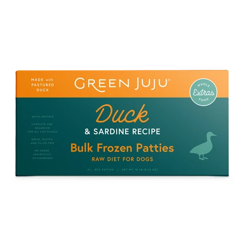 Green JuJu Extras Duck & Sardine Patties & Sliders, Frozen Raw Dog Food, 18-lb Box