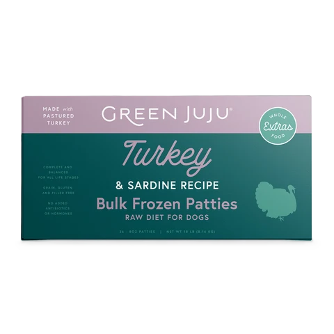 Green JuJu Extras Turkey & Sardine Patties & Sliders, Frozen Raw Dog Food, 18-lb Box