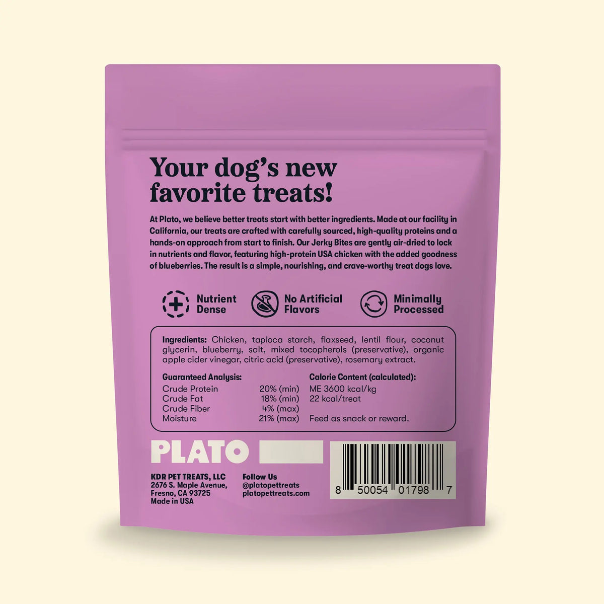 Plato Jerky Bites Chicken with Blueberry, Dog Treat
