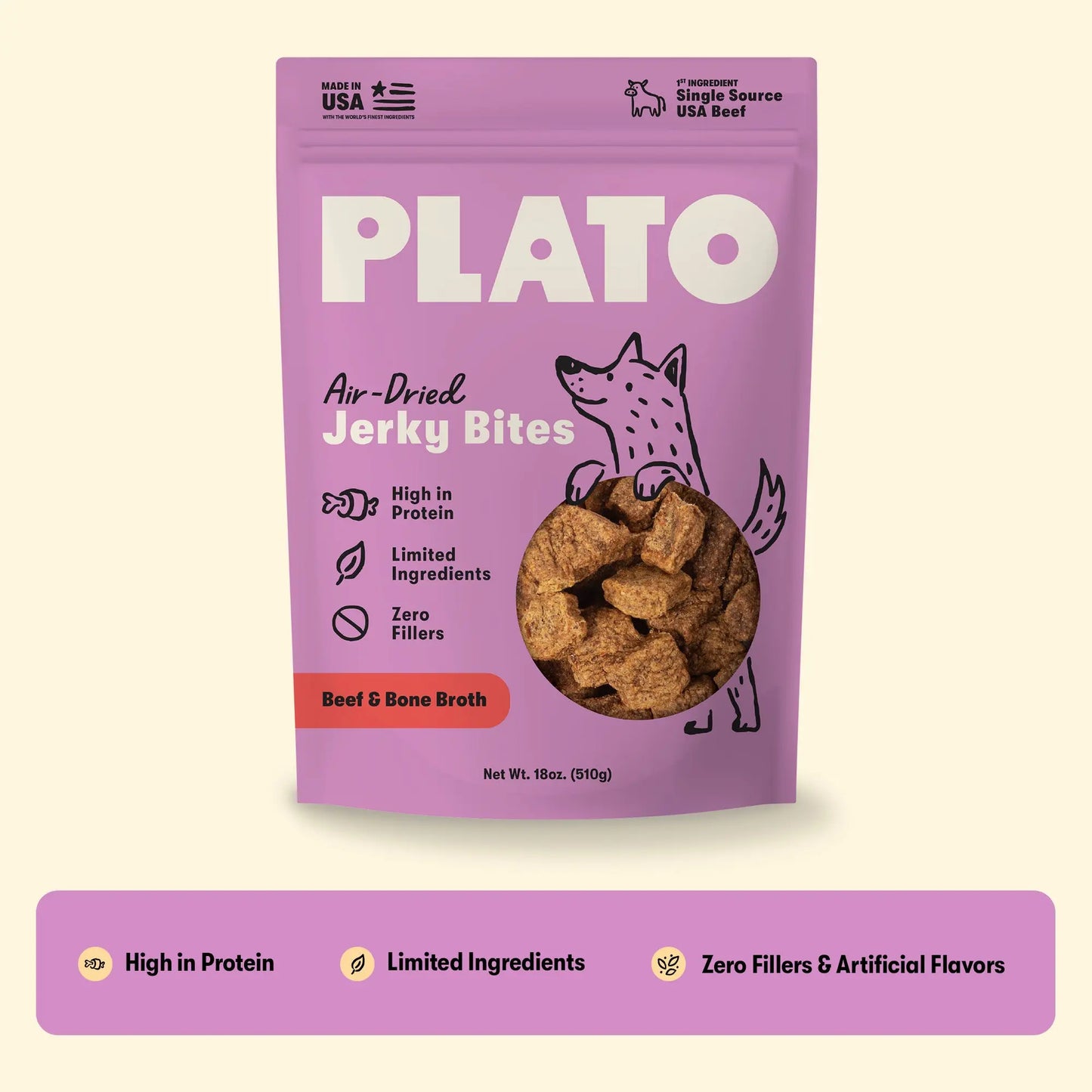 Plato Beef With Bone Broth Jerky Bites, Dog Treat