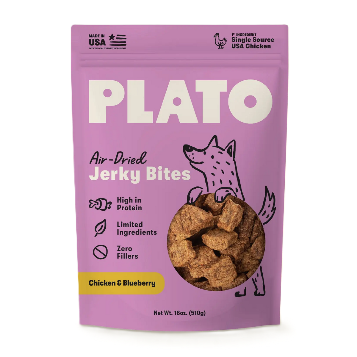 Plato Jerky Bites Chicken with Blueberry, Dog Treat