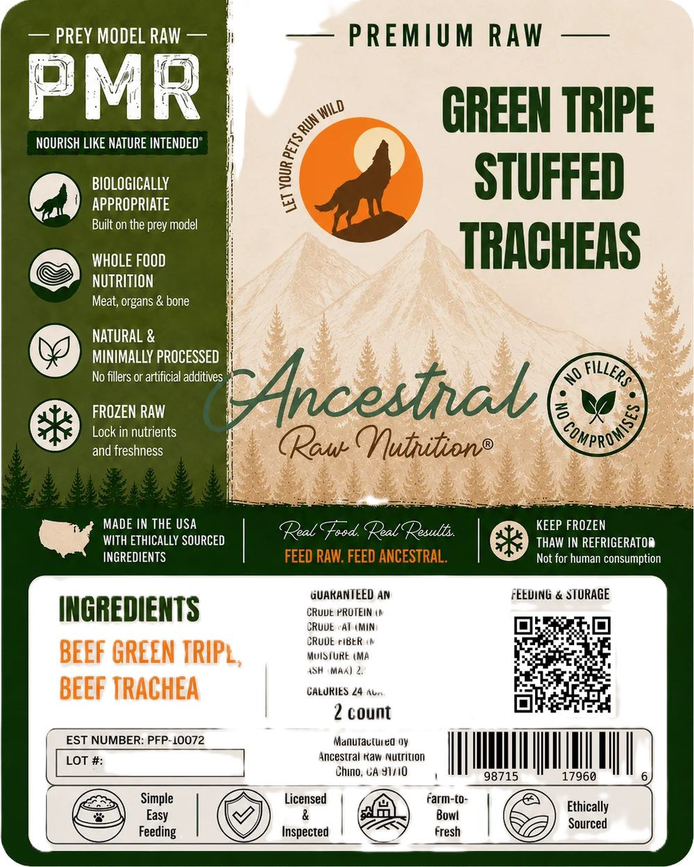 Ancestral Raw Nutrition Raw Green Tripe Stuffed Tracheas, Frozen Raw Dog Chew, 2-Count