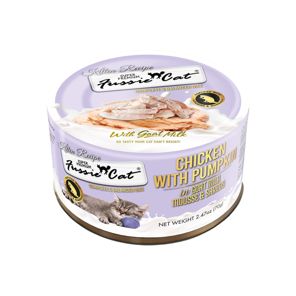 Fussie Cat Chicken with Pumpkin in Goat Milk Mousse & Shreds Kitten Recipe, Wet Cat Food, 2.47-oz Case of 24