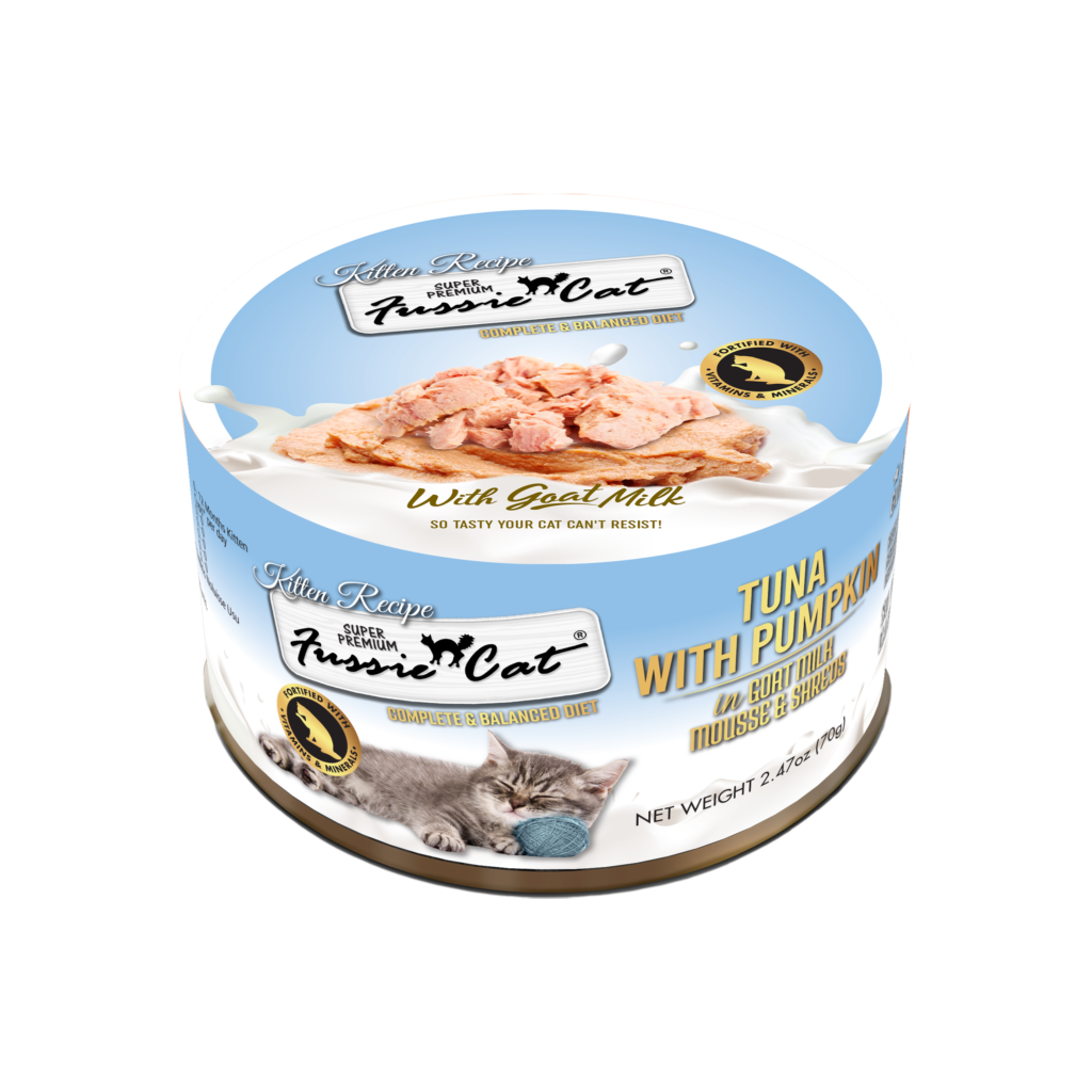Fussie Cat Tuna with Pumpkin in Goat Milk Mousse & Shreds Kitten Recipe, Wet Cat Food, 2.47-oz Case of 24