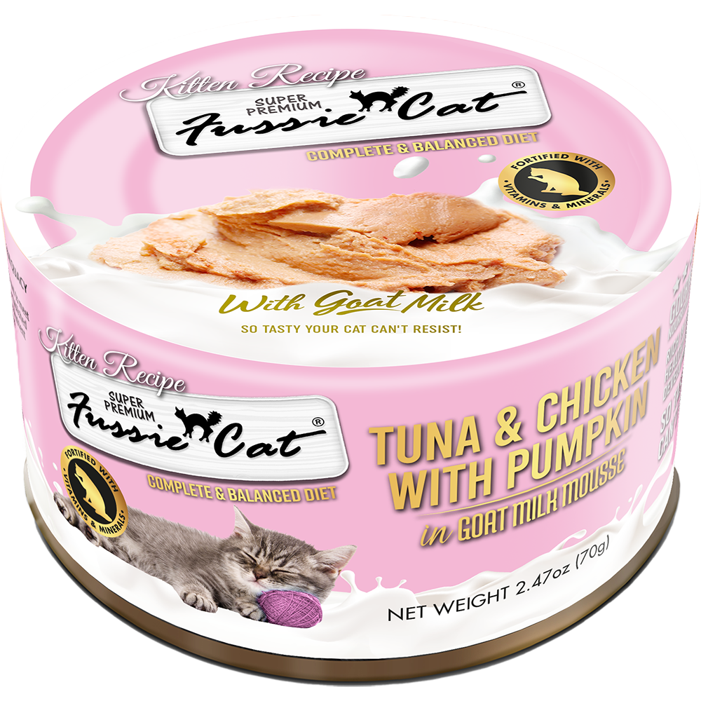 Fussie Cat Tuna & Chicken with Pumpkin In Goat Milk Mousse Kitten Recipe, Wet Cat Food, 2.47-oz Case of 24