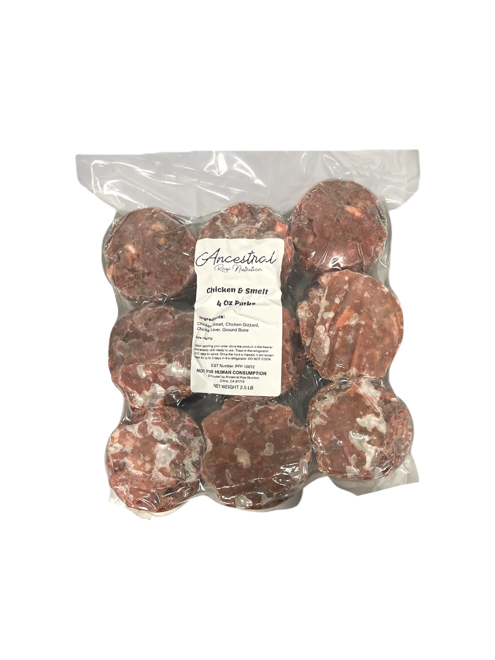 Ancestral Raw Nutrition Chicken & Smelt Chunky Grind Pucks , Frozen Raw Dog Food, 5-lb Bag